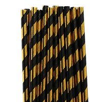 100 pcs Black Gold Foil Striped Paper Straws, Shiny Metallic Foil Stripe Party Vintage Paper Drinking Straws Bulk, Graduation Wedding Holiday New Years Eve Cake Pop Sticks