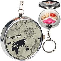 Portable Metal Pill Organizer Keychain Case Stash Box with 3 Compartments for Medicine Vitamin (Vintage Globe Compass)