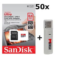 50 Pack - SanDisk Ultra 64GB UHS-I Class 10 MicroSDXC Memory Card Up to 80mb/s SDSQUNC-064G with Adapter LOT of 50 and USB 2.0 MemoryMarket Dual Slot MicroSD & SD Memory Card Reader