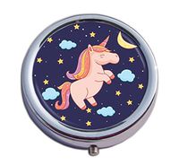 Joyce Unicorn White Horse Cute Pill Box for Purse - 2 Compartment Medicine Case, am/pm Metal Mini Daily Pill Box Medicine Pill Box Organizer Round