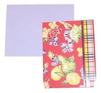 April Comell Accented Blank Cards ~ Floral Frenzy (Fruits and Flowers with Plaid Border; 6 Cards with Blue Envelopes; 5.5" x 4.25")