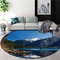 Landscape Round Kids Rugs,Mountain Countryside Winter Time Lake Mountain Forest View Photo Learning Carpet Non Skid Nursery Kids Area Rug For Playroom,Round-51 Inch Blue White Dark Brown Green