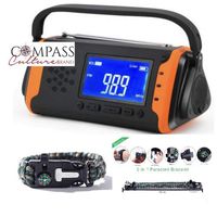 Solar + Hand Crank Digital AM FM NOAA Weather Emergency Radio + Music Player + 4000mah Power Bank Phone Charger & LED Flashlight SOS Bonus Survival Paracord Bracelet Flint Fire Starter Compass Whistle