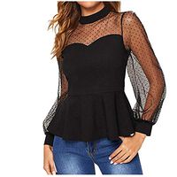 Meikosks Women's Ruffle Blouse Polka Dot Mock Neck Tops Long Mesh Sleeve Patchwork T Shirt Black