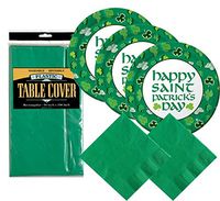St Patricks Day Disposable Dinnerware Party Bundle - Argyle Shamrocks - Dinner Plates, Napkins, Tablecover (Serves 24)