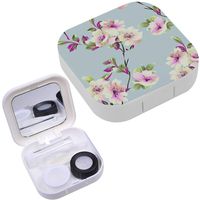 Portable Contact Lens Case Box Travel Kit Mirror + Bottle + Tweezers Container Holder [ Spring Flowers On Grey ]