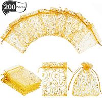 200 Pieces Sheer Organza Wedding Favor Bags Jewelry Gift Bags Eyelash Print Gift Bags Organza Bags for Wedding Baby Shower Samples Display Drawstring Pouches, Gold, 3.5 by 4.7 Inches