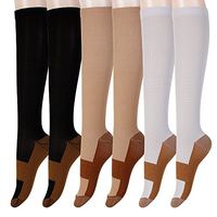 Graduated Copper Compression Socks 6 Pairs Anti Fatigue Knee High Socks for Men Women Pain Ache Relief Stockings 15-20 mmHg (L/XL, Black&White&Nude)