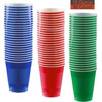 18 oz Party Cups, 96 Count - Royal Blue, Red, Festive Green - 32 Each Color