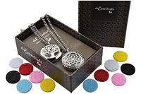 Tree of Life and Flower with CZ's Essential Oil Diffuser Necklace Stainless Steel t Pendants with 24" Chains + 12 Refill Pads