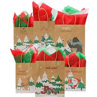Elcoho 24 Pieces 3 Size Christmas Kraft Bags Paper Bags Holiday Party Bag with 30 Sheets Christmas Tissue Paper for Christmas Decorations，6 Designs
