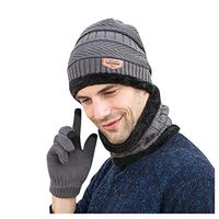 Theoylos Men's Winter Hat Neck Scarf Set Plus Velvet Knit Hat Men Thick Warm Beanie Hat Fleece Lined Skull Cap Gray