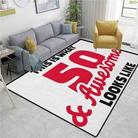 50th Birthday Vegetables Area Rug Boys Room, Fifty and Awesome Cool and Fun Hand Written Style Happy Cheer Slogan, Easy Maintenance Area Rug Living Room Bedroom Carpet(2.5'x 7') Red Black White
