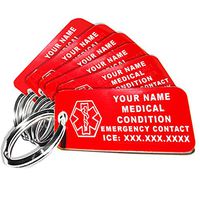 My Identity Doctor - Custom Engraved Medical Alert ID Keychain Tags, Plastic, Rectangle, Red, Small 2.25 x .79 Inch, 6 Pack
