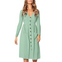 Women Dress,DEATU Women's V Neck Button Solid Dress Long Sleeve Beach Long Dress with Pockets(Green ,Size M)