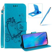 PU Leather Case For Huawei Mate 20,Strap Magnetic Wallet Folio Cover for Huawei Mate 20,Herzzer Elegant Slim Blue [Love Hearts Flower Embossed] Stand Phone Case