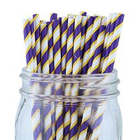 Just Artifacts 100pcs Decorative Striped Paper Straws (100pcs, Striped, Grape & Yellow)
