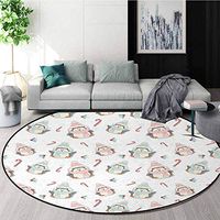 Candy Cane Modern Washable Round Bath Mat,Cute Christmas Boy and Girl Penguins with Scarf Hats Traditional Holly Berries Non-Slip Bathroom Soft Floor Mat Home Decor Round-71 Inch,Multicolor