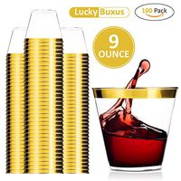 LUCKYBUXUS 100 Gold Plastic Cups 9 Oz Disposable Wedding Cups Clear Durable Plastic Cups Tumblers Gold Rimmed Cups  Elegant Party Cups with Gold Rim - BPA Free