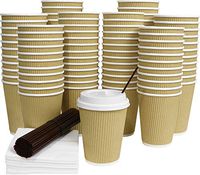 100 Pack Disposable Coffee Cups with Lids 12 Oz Ripple Wall Insulated Corrugated Hot Paper Cup with Stirring Straws and Napkins by Galashield