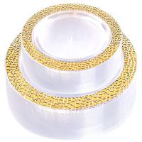 WDF 102pcs Gold Plastic Plates -Clear with Hammered Design Crystal Disposable Wedding Party Plastic Plates Include 51 Plastic Dinner Plates 10.25inch,51 Salad/Dessert Plates 7.5inch