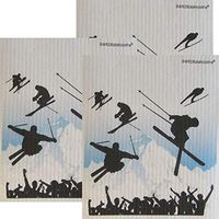Ski Jumping Set of 3 Each on White Swedish Dishcloths | ECO Friendly Absorbent Cleaning Cloth | Reusable Cleaning Wipes