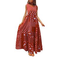 Women's Sleeveless Bohemian Print Plaid Midi Casual Flared Tank Beach Party Dress (XL, Red)