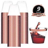 100 Rose Gold Rimmed Plastic Cups | 9 oz Disposable Wine Cups | Plastic Wine Cups | Plastic Cocktail Tumblers | Gold Plastic Cups For Parties Holiday Wedding and Occasions | Clear Bulk Party Cups