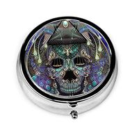 Jewelry Peacock Skull Pill Box Round Metal Pill Case Three Compartment Pocket Tablet Medicine Storage for Purse