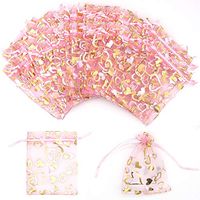 100Pcs Organza Gift Bags 3.5x4.7 Inch Sheer Organza Bag Drawstring Mesh Pouches Heart Design Drawstring Mesh Bags for Baby Shower Christmas Gifts Wedding Party Jewelry Favor, Pink