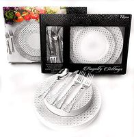 Royalty Settings 72 Piece Heavyweight Disposable Dinnerware Set for 12 Guests: 12 x 10.25" Dinner Plates + 12 x 7.5" Salad Plates + 24 Forks + 12 Knives + 12 Spoons, Silver/White