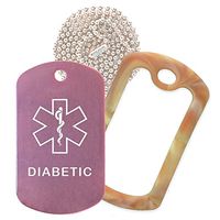Diabetic Medical Alert ID Necklace with Pink Tag, Camo Desert Silencer, and 30'' USA Chain - 154 Color Choices