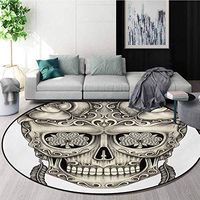 RUGSMAT Day of The Dead Small Round Rug Carpet,Spanish Sugar Skull with Roses Dragonfly Eyes Feather and Earrings Artwork Door Mat Indoors Bathroom Mats Non Slip,Diameter-35 Inch Grey Ivory