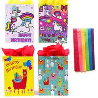 Llama Unicorn Birthday Party Supplies Large 13 inch Tote Gift Bags Set of 4 with Rainbow Tissue Paper