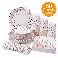250PCS Disposable Paper Plates Dinnerware Set Rose Gold Dots Party Supplies include 50 Dinner Plates, 50 Salad Dessert Plates, 50 9oz Cups, 50 Napkins and 50 Paper Straws for Baby Shower Wedding(50)