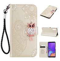 Strap Diamond Wallet Case for Samsung Galaxy A7 2018,Aoucase Luxury 3D Owl Bling Gems Magnetic Cute Mandala Print PU Leather Soft TPU Stand Flip Case with Black Dual-use Pen - Gold