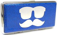 1 Eclipse Mustache Design Blue Glitter Cigarette Case with Mirror, Fits 120's Cigarettes, Can Hold 14 Cigarettes