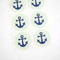 Green Anchor Stickers with Chevron Zigzag Stripes by Once Upon Supplies, Round Labels for Sealing Envelopes and Nautical Themed Party Favors, 1.5 Inches, 30 Stickers