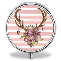 Holiday Antlers Pink Pill Case, Round Stainless Drug Organizer Container Medicine Cover for Pocket Daily&Weekly