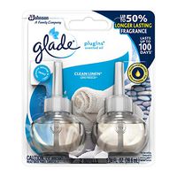 Glade PlugIns Scented Oil Refill Clean Linen, Essential Oil Infused Wall Plug in, Up to 50 Days of Continuous Fragrance, 1.34 oz, Pack of 2 (Packaging May Vary)