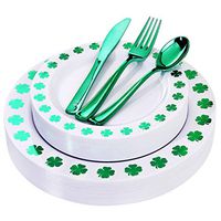 WDF 25Guest Green Plastic Plates with Shamrock Clover& Disposable Plastic Silverware - Premium White and  Green Plastic Dinnerware for Wedding &Parties, Special for St. Patrick’s Day