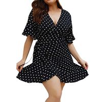 JQjian Womens Fashion Short Sleeve V-Neck Polka Dot Wrap Loose Mini Dress Summer Holiday Dress (4XL, Black)