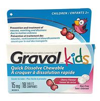 GRAVOL Children's 18 Quick Dissolve CHERRY Chewable Tablets for Anti-Vomiting/Nausea Dye Free