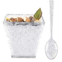 WDF 102PACK 8oz Silver Glitter Medium Large Plastic Dessert Cups With Spoons-51 Disposable Square Plastic Cups & 51 Silver Glitter Tasting Spoons