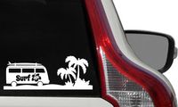 Surf VW Bus Palm Tree Road Car Die Cut Vinyl Decal Bumper Sticker for Car Truck Auto Windshield Wall Window Ipad Tablet MacBook Laptop Computer Home Custom and More (White)