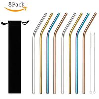 PerHomeAid Stainless Steel Straws,Metal Straws,8 Pack Metal Drinking Reusable Straws for Yeti, Signature, Starbucks Tumblers,10.5" Bent Straws and 2 Cleaning Brushes with Black Storage Bag