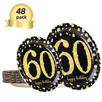 Trgowaul 60th Black and Gold Birthday Decorations Party Supplies Set for Women or Men, 24 Disposable 9 X 9 Inches Paper Dinner Plates, 24 Paper 7 X 7 Inches Dessert Plates for 24 Guests