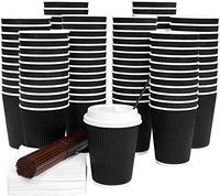 100 Pack Disposable Coffee Cups with Lids 12 Oz Ripple Wall Insulated Corrugated Hot Paper Cup with Stirring Straws and Napkins by Galashield