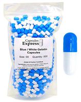 Capsules Express- Size 00 Blue and White Empty Gelatin Capsules 500 Count - Kosher and Halal Certified - Gluten-Free Pure Bovine Gelatin Pill Capsule - DIY Powder Filling