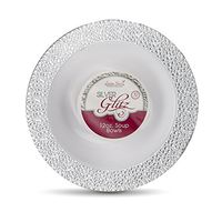 [16 Count - 12 Oz Bowls] Laura Stein Designer Tableware Premium Heavyweight Plastic White Soup Bowl With Silver Designed Border, Party & Wedding Plate Glitz Series Disposable Dishes